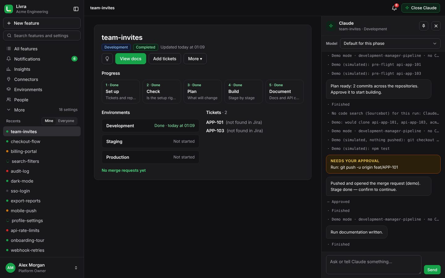A feature in Livra: its phases, environments and tickets