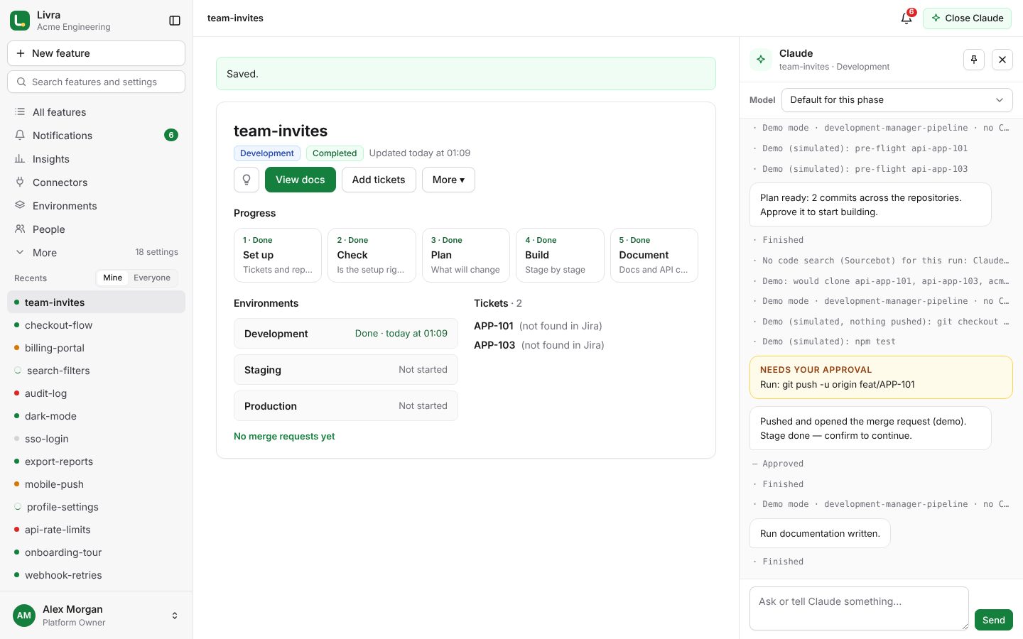 A feature in Livra: its phases, environments and tickets