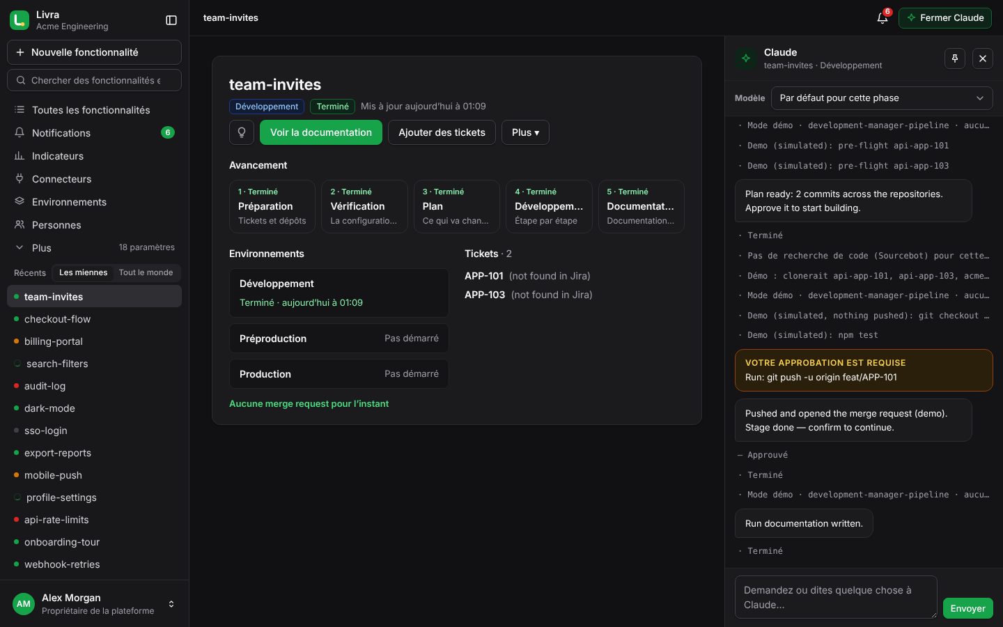 Une fonctionnalité dans Livra : ses phases, ses environnements et ses tickets