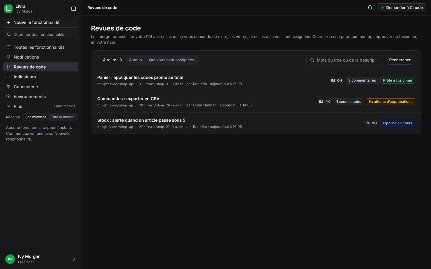 Les revues de code d’un freelance, sur son propre GitLab