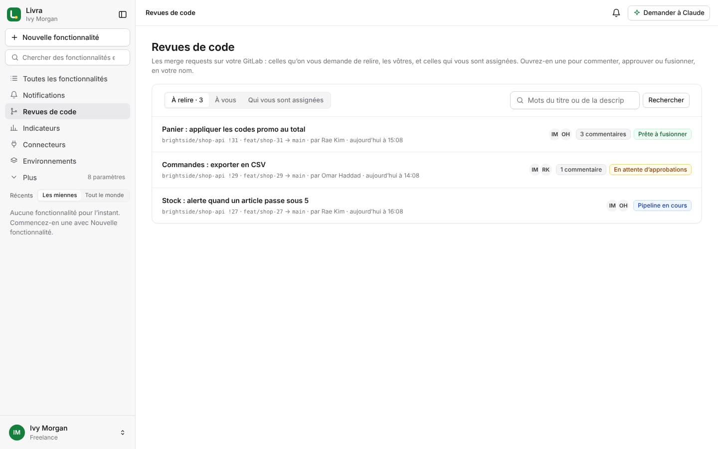 Les revues de code d’un freelance, sur son propre GitLab