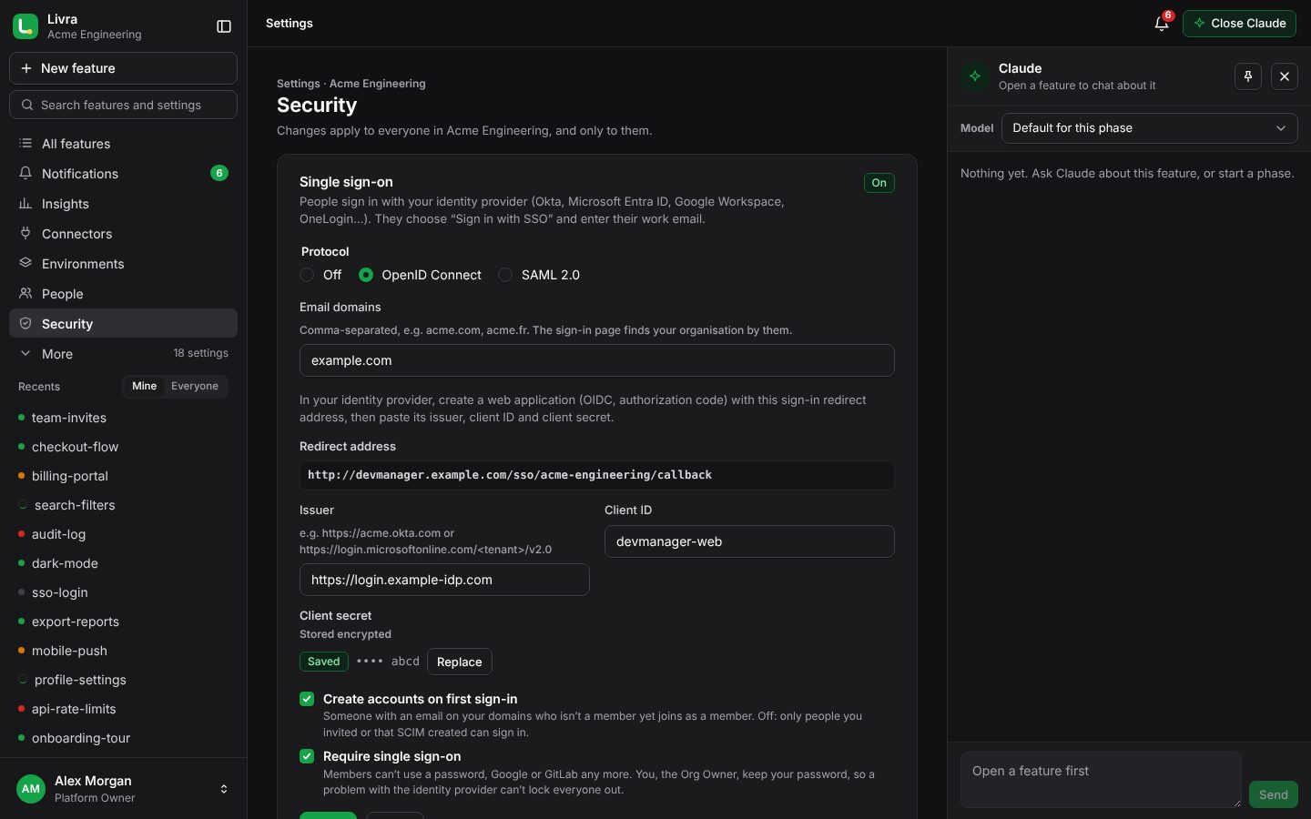 Settings › Security: single sign-on, SCIM, sessions and the audit log