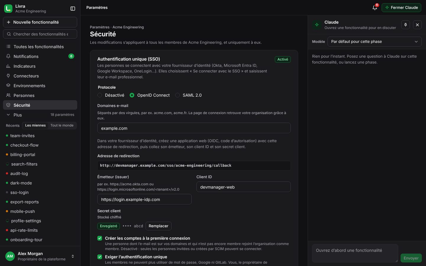 Paramètres › Sécurité : authentification unique, SCIM, sessions et journal d’audit