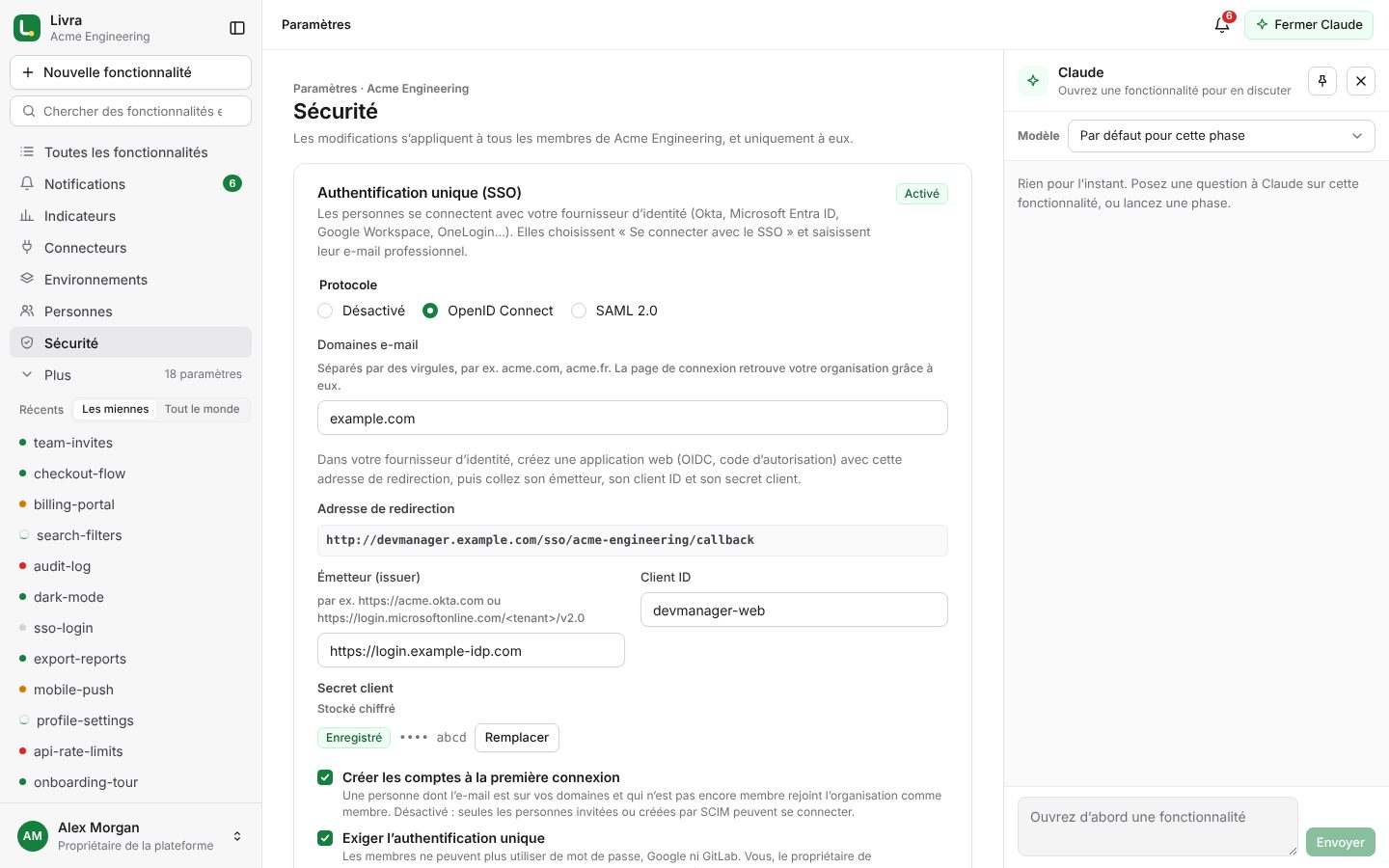 Paramètres › Sécurité : authentification unique, SCIM, sessions et journal d’audit